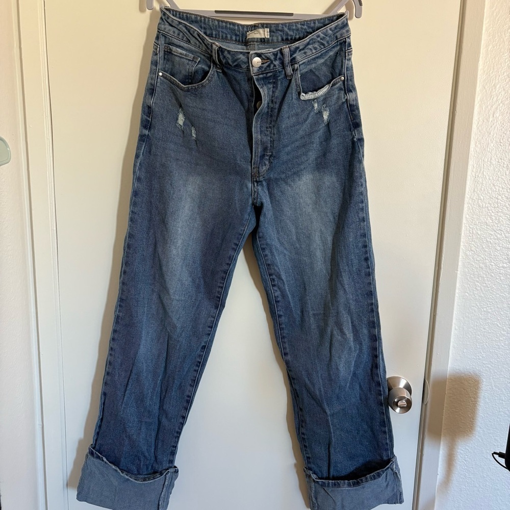 Tgla Blue Denim Light Wash Cuffed Jeans Button Fly Women’s Size 30 Distressed